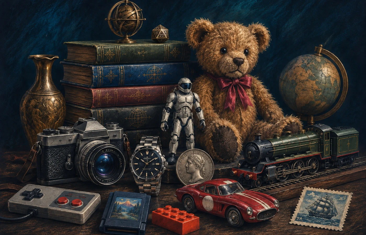 Illustrated still life bringing together books, toys, watches, coins, model railways, games and other collectible objects.