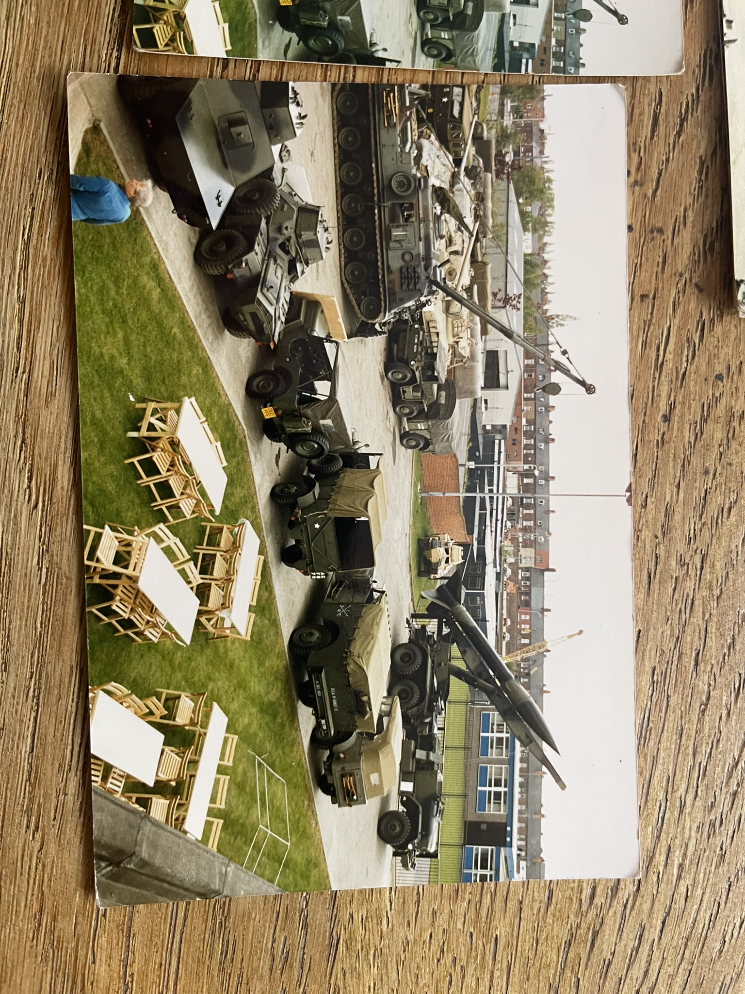 Military vehicles and a missile display arranged around the Budge collection yard.