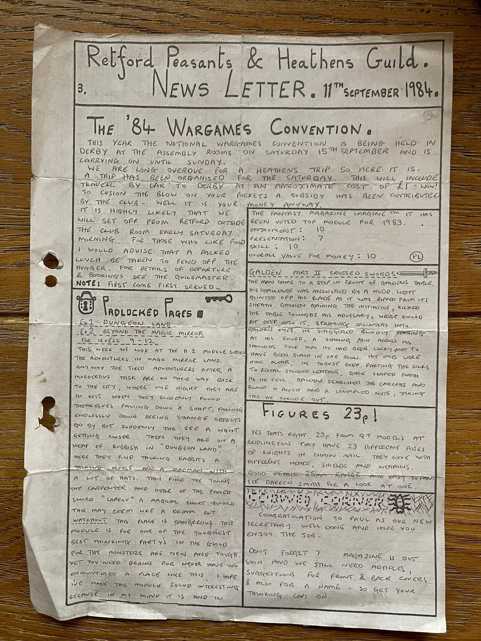 A handmade early-1980s newsletter from the Retford Peasants and Heathens gaming club.