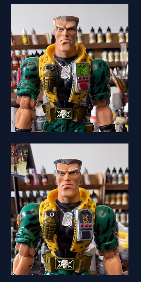 Image direction: evidential restoration comparison - a failed O-ring repair, repaint, sticker replacement or recarded figure. Prefer a real intervention that invites judgement rather than a dramatic before/after clean-up shot.