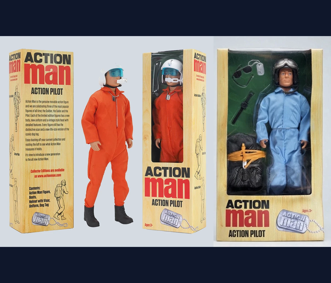 Image direction: close comparison of two cardbacks or package versions for the same figure - different offer, sticker, language, checklist, punch or bubble design.