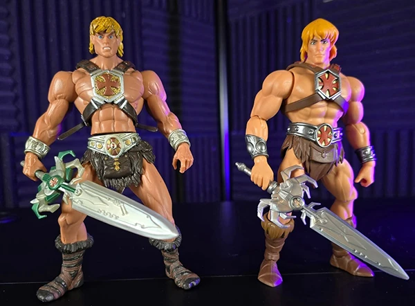 Image direction: side-by-side figures of the same character or line philosophy - one visually seamless but less articulated, one highly articulated with obvious joint engineering.