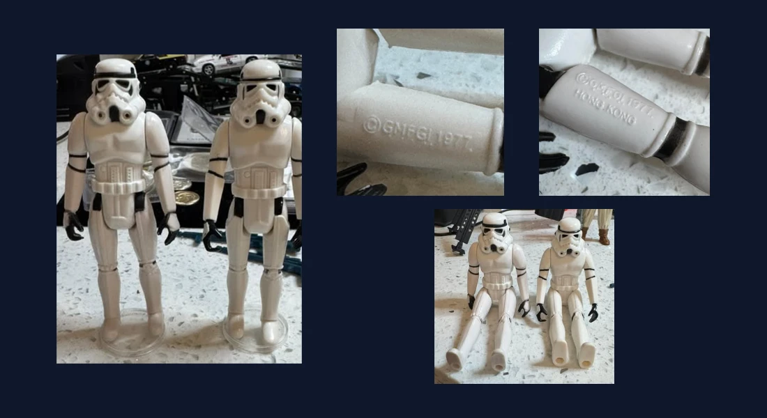 similar vintage figures or accessories where mould, paint, country-of-origin mark or tooling differences are visible only on close inspection.