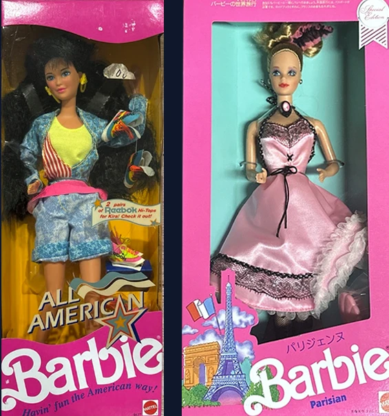 Image direction: Japanese-market Barbie material showing packaging, outfit or accessory differences against a US reference version. Prefer one clear comparison over a large montage.