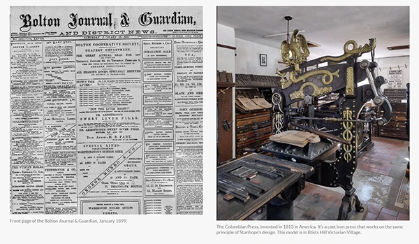 Image direction: close detail of period printing - letterpress impression, lithographic texture, halftone screen, paper fibres, printer's imprint or typography - where physical production evidence can be inspected.