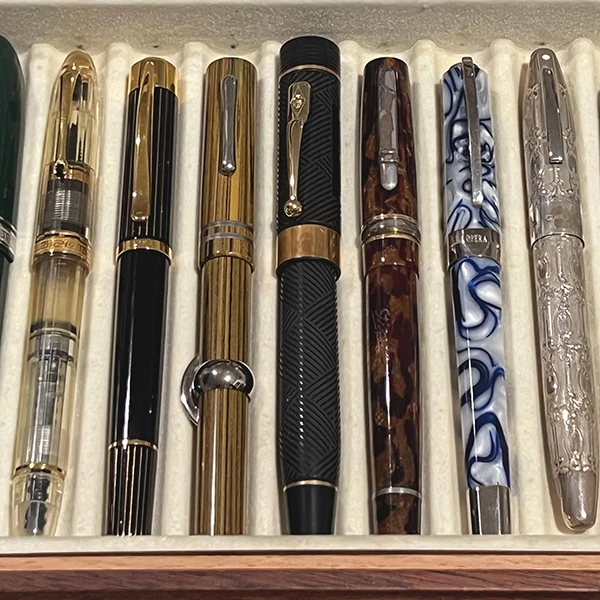 Hero image direction: a strong group of collectible fountain pens showing visibly different eras, materials and purposes - for example vintage hard rubber, celluloid, a transparent demonstrator and a Japanese lacquer pen. Avoid a generic stationery flat lay.
