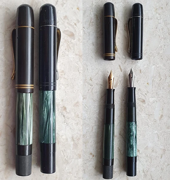 A documented side-by-side comparison of two pens from the same model family, showing the kind of production-state differences collectors study - such as cap bands, clip form, nib imprint, finial logo, trim or barrel material. Prefer a comparison that makes the differences legible to a non-specialist.