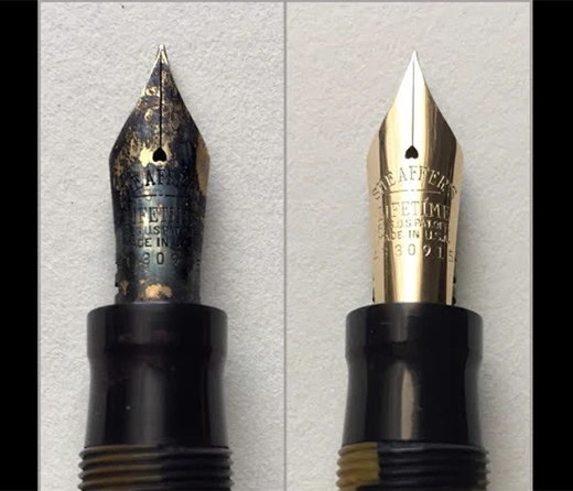 Image direction: real pen restoration evidence - a lever filler open for sac replacement, piston servicing, nib work or before-and-after detail where the intervention can be discussed precisely.