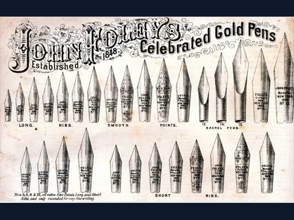 Image direction: close macro comparison of several real fountain-pen nibs with visibly different shapes, tipping or imprints. Ideally include one vintage flexible nib or specialist grind.