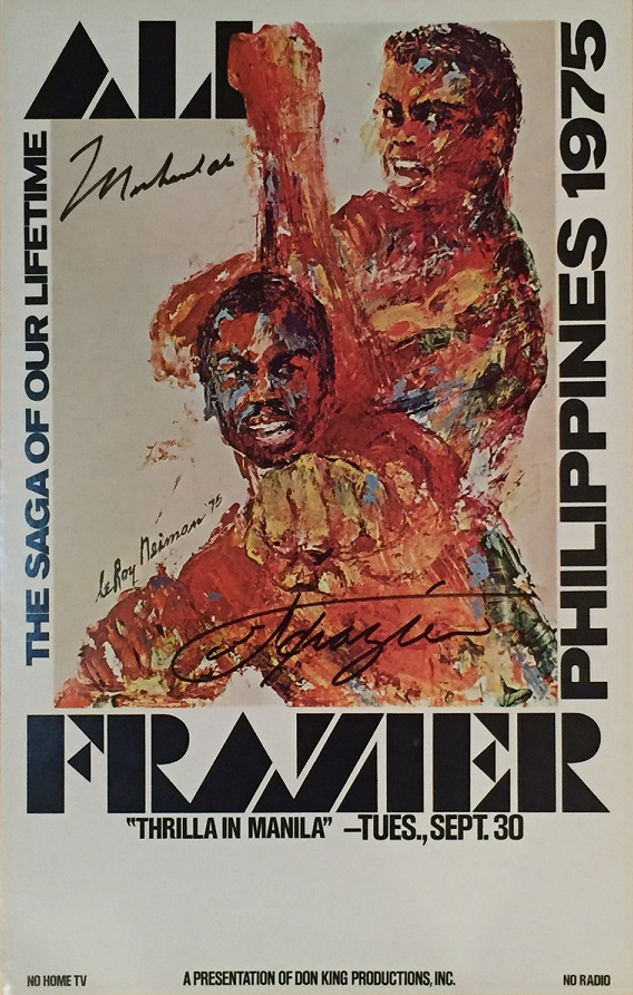 A poster promoting the Muhammad Ali and Joe Frazier fight known as the Thrilla in Manila.