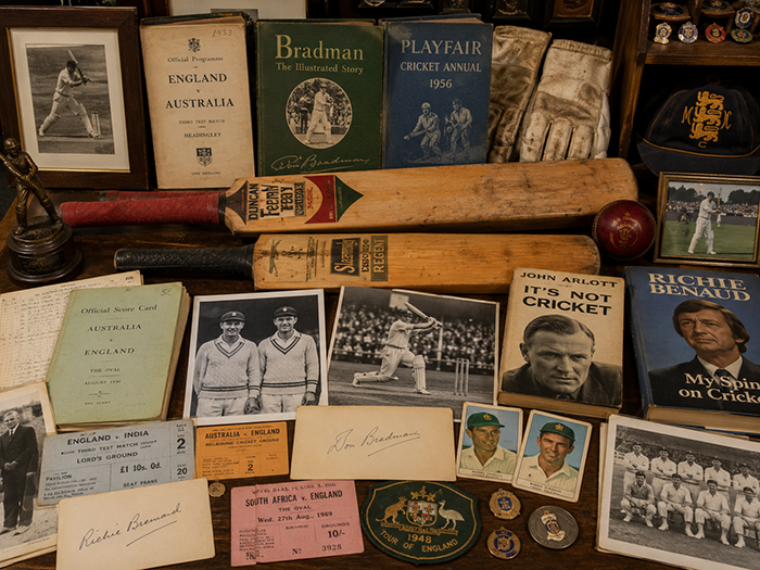 A cricket memorabilia collection including equipment and printed material.