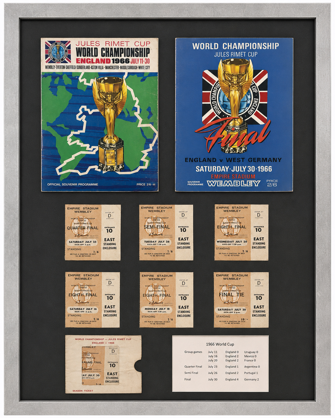 A 1966 FIFA World Cup Final programme and a group of football match ticket stubs.